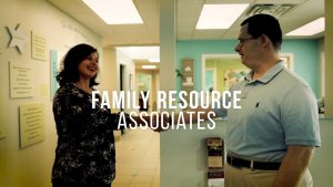 Two people shaking hands in a hallway with "Family Resource Associates" text overlay.
